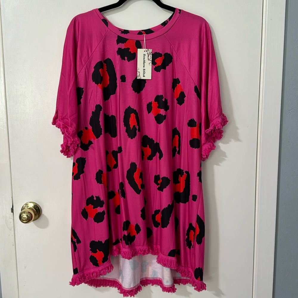 NWT Southern Stitch pink cheetah top with fringe